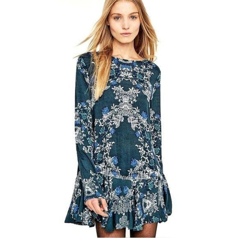 Free People Teal Smooth Talker Long Sleeve Open Back Tunic Dress Size XS